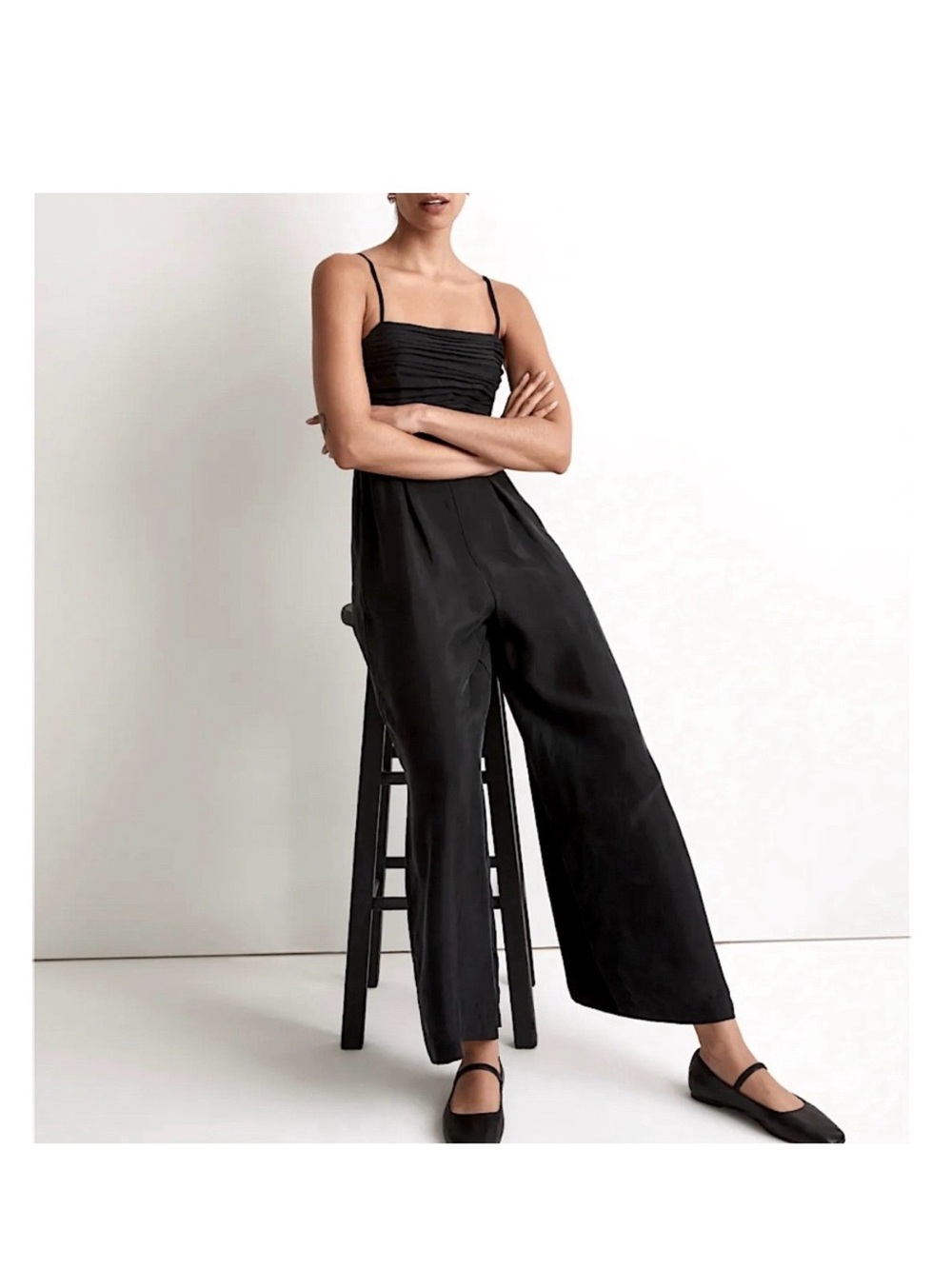 MADEWELL Ruched Crop Straight Wide Leg Jumpsuit Black 6